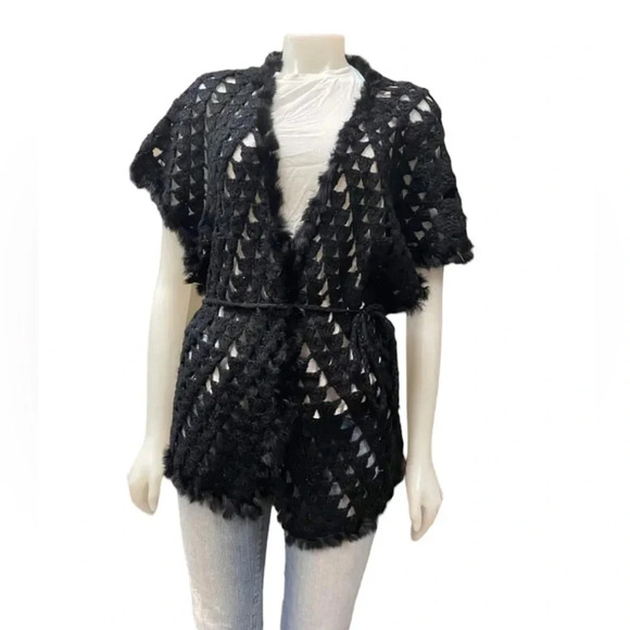 La Cite Rabbit Fur Wool Black Open Short Sleeve Cardigan Size Large - Picture 1 of 11